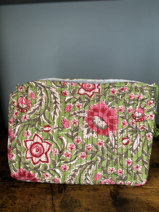 Bright Green Block Printed Makeup Pouch