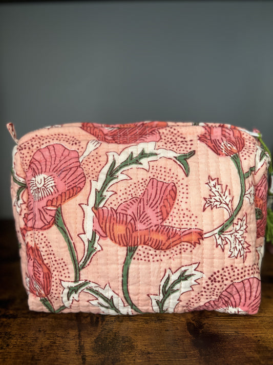 Peach Block Printed Makeup Pouch