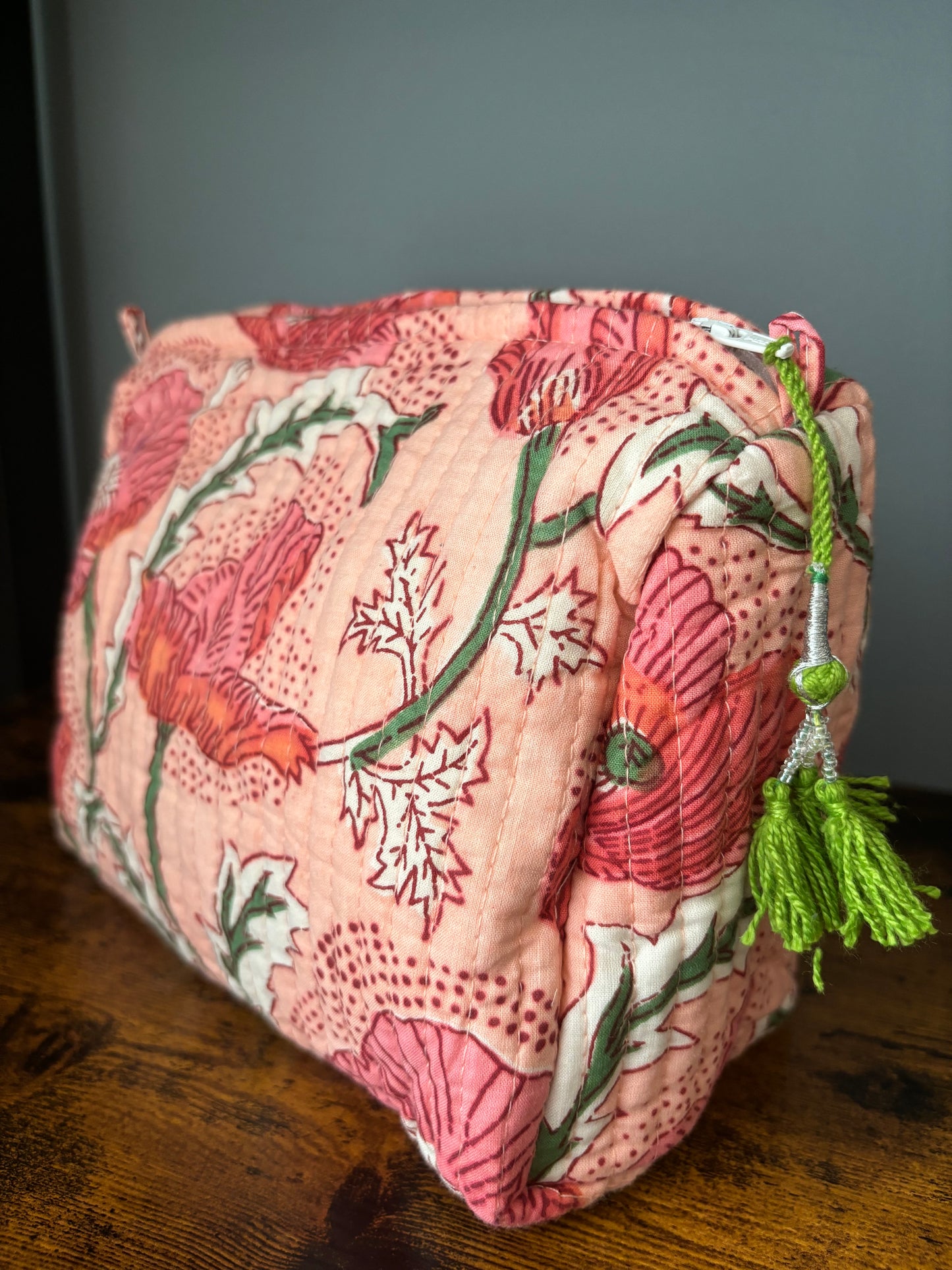 Peach Block Printed Makeup Pouch