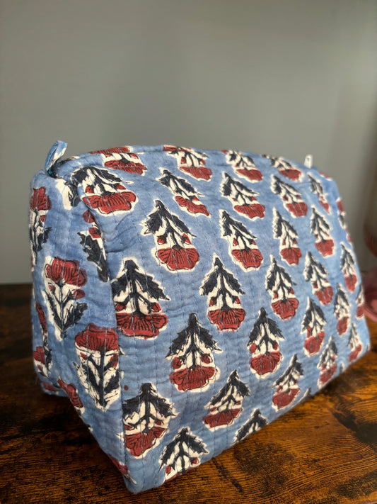 Blue Red Block Printed Makeup Pouch