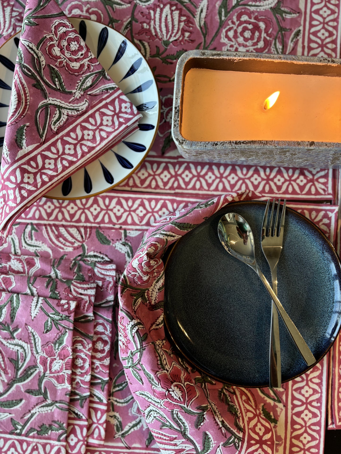 Pastel Pink & Green Block Printed Placemat & Napkin Set