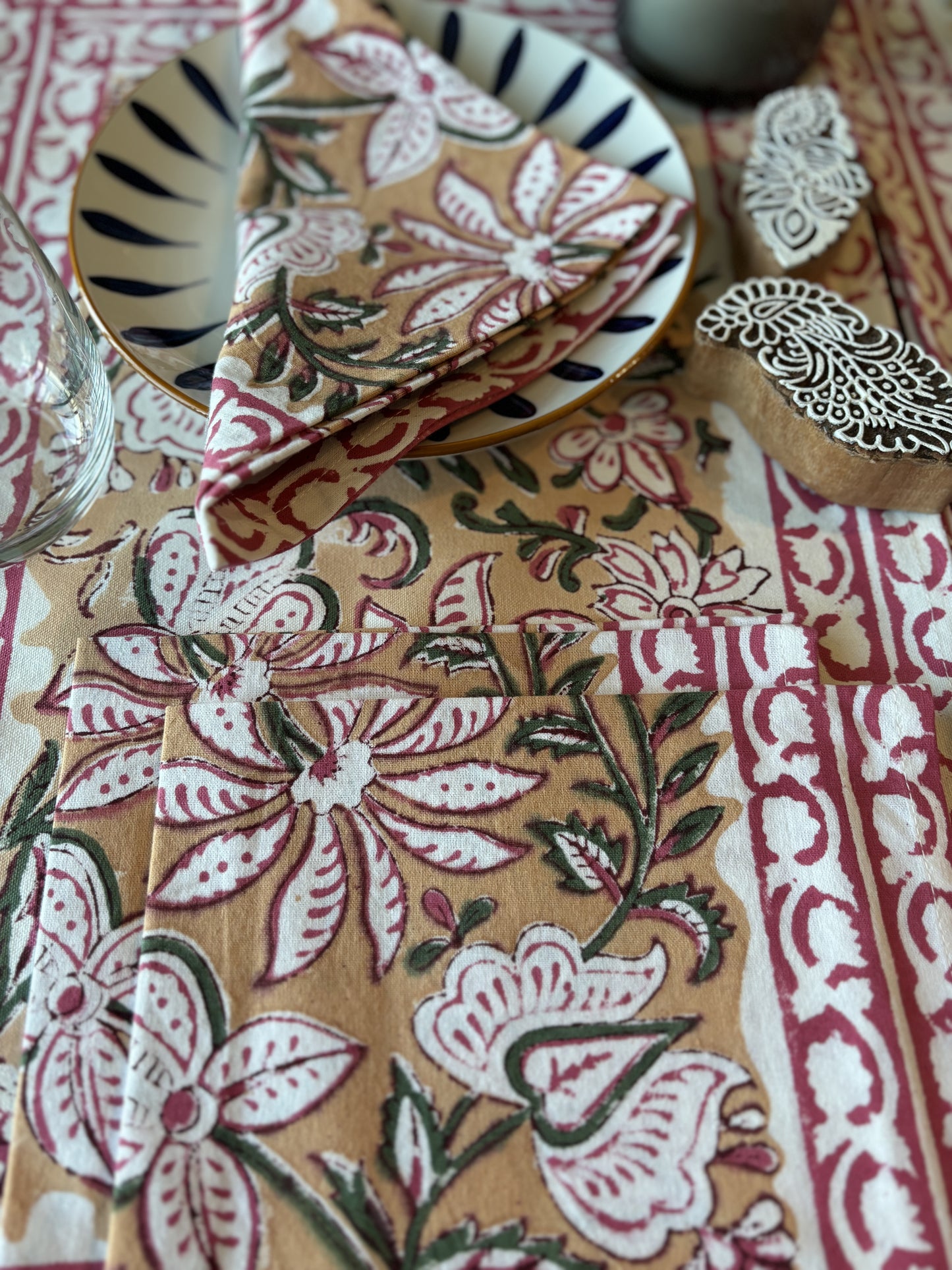 Light Mustard/Brown Block Printed Placemats & Napkins Set