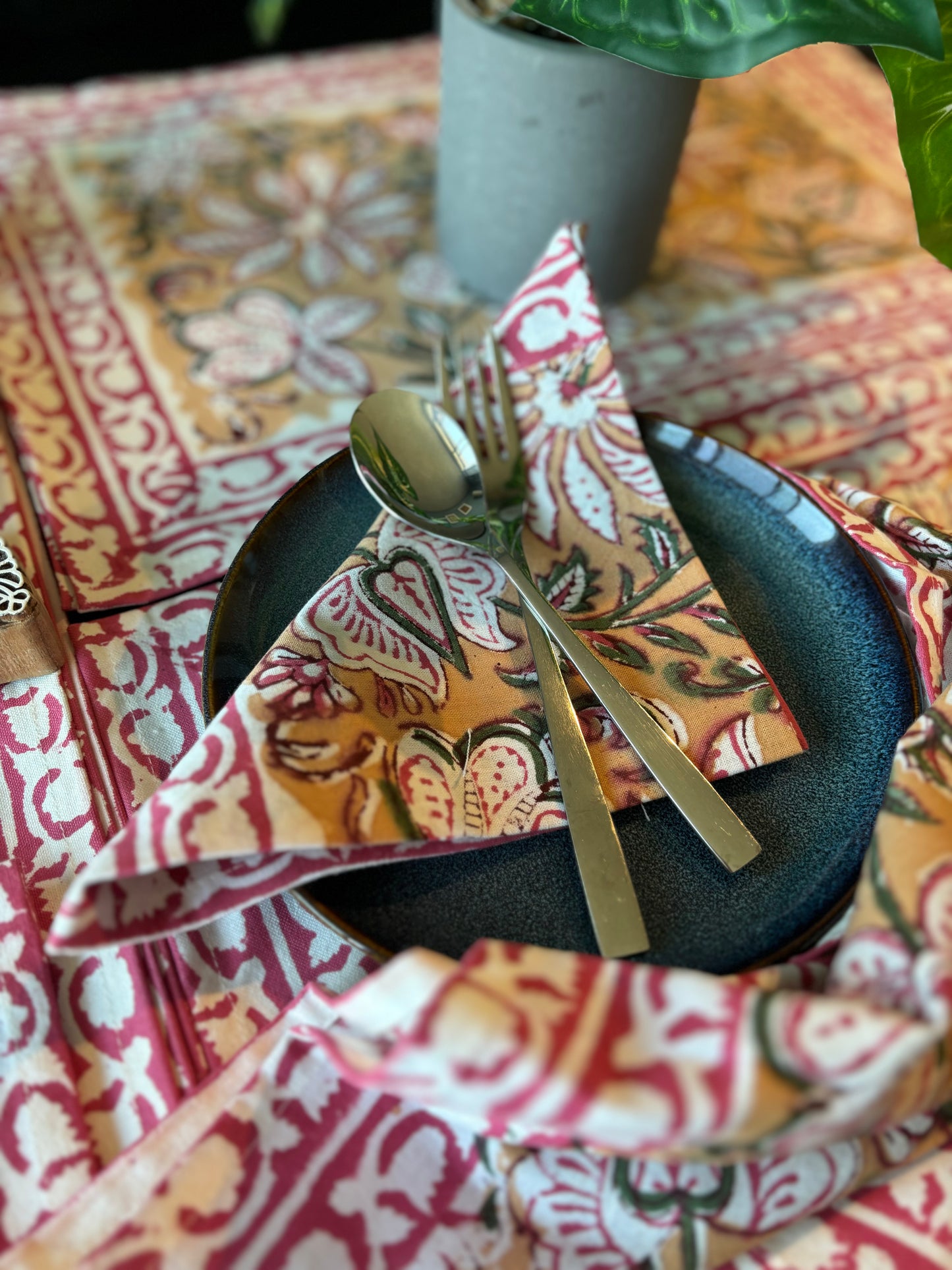 Light Mustard/Brown Block Printed Placemats & Napkins Set