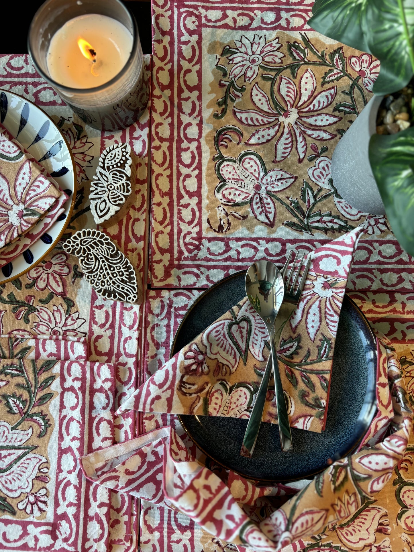 Light Mustard/Brown Block Printed Placemats & Napkins Set