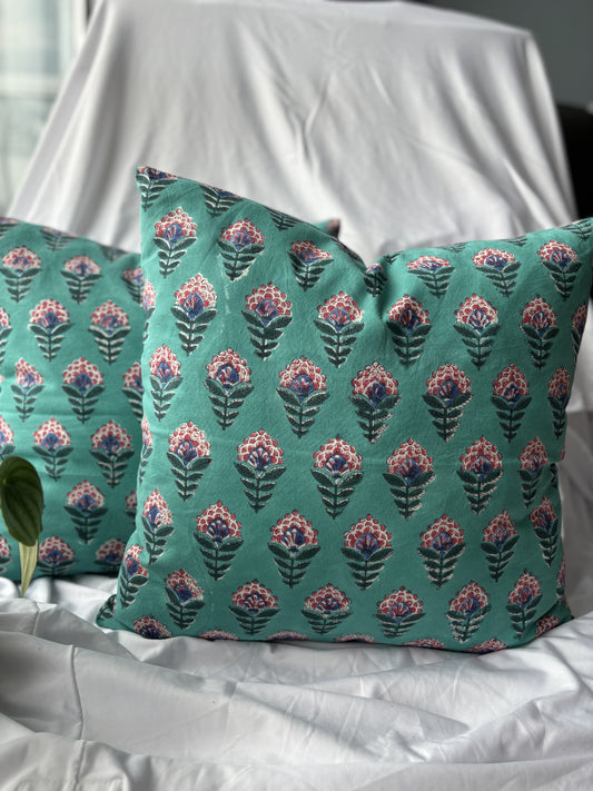 Teal Blue Block Printed Cushion Cover (Set of 2)