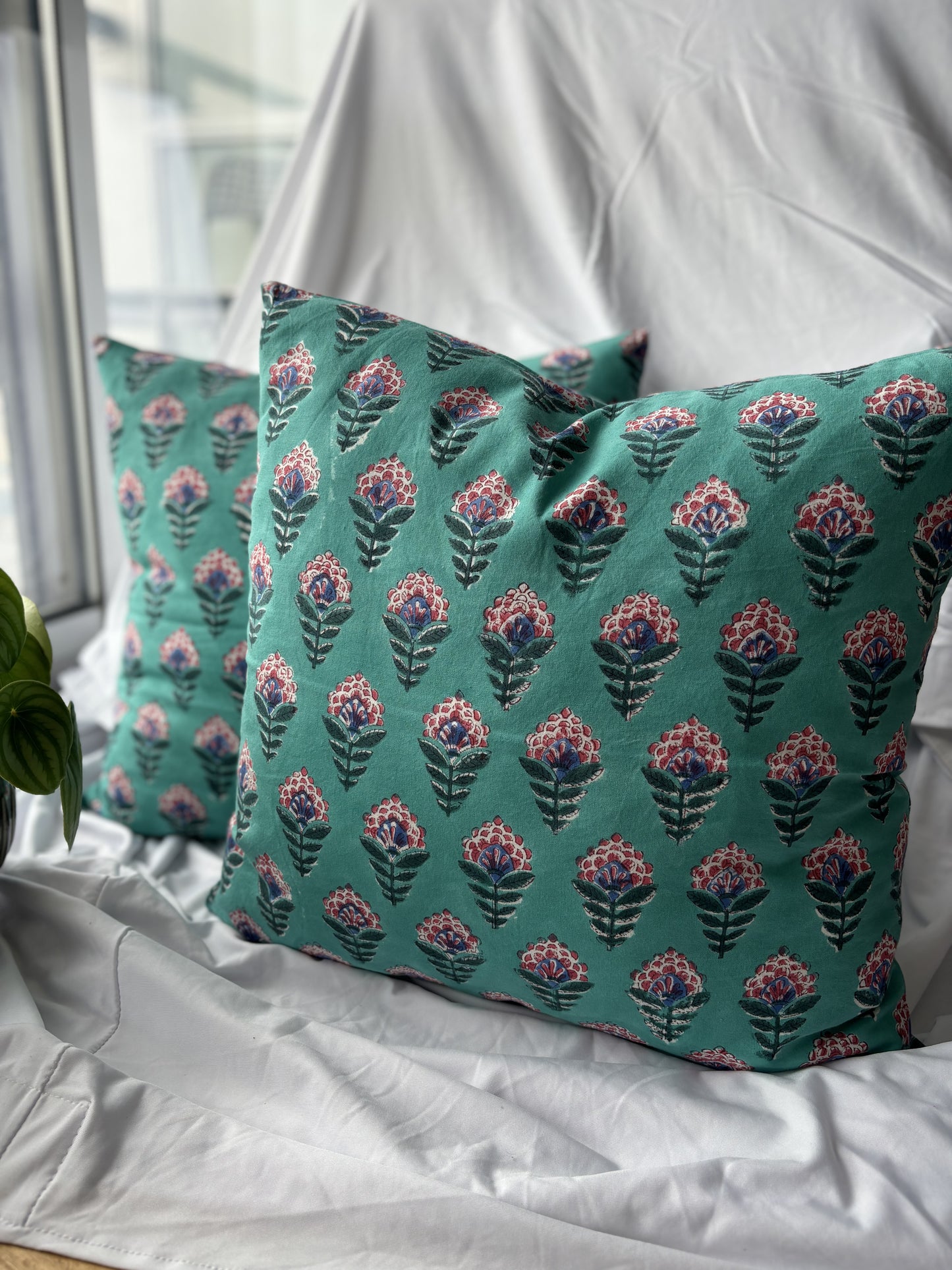 Teal Blue Block Printed Cushion Cover (Set of 2)