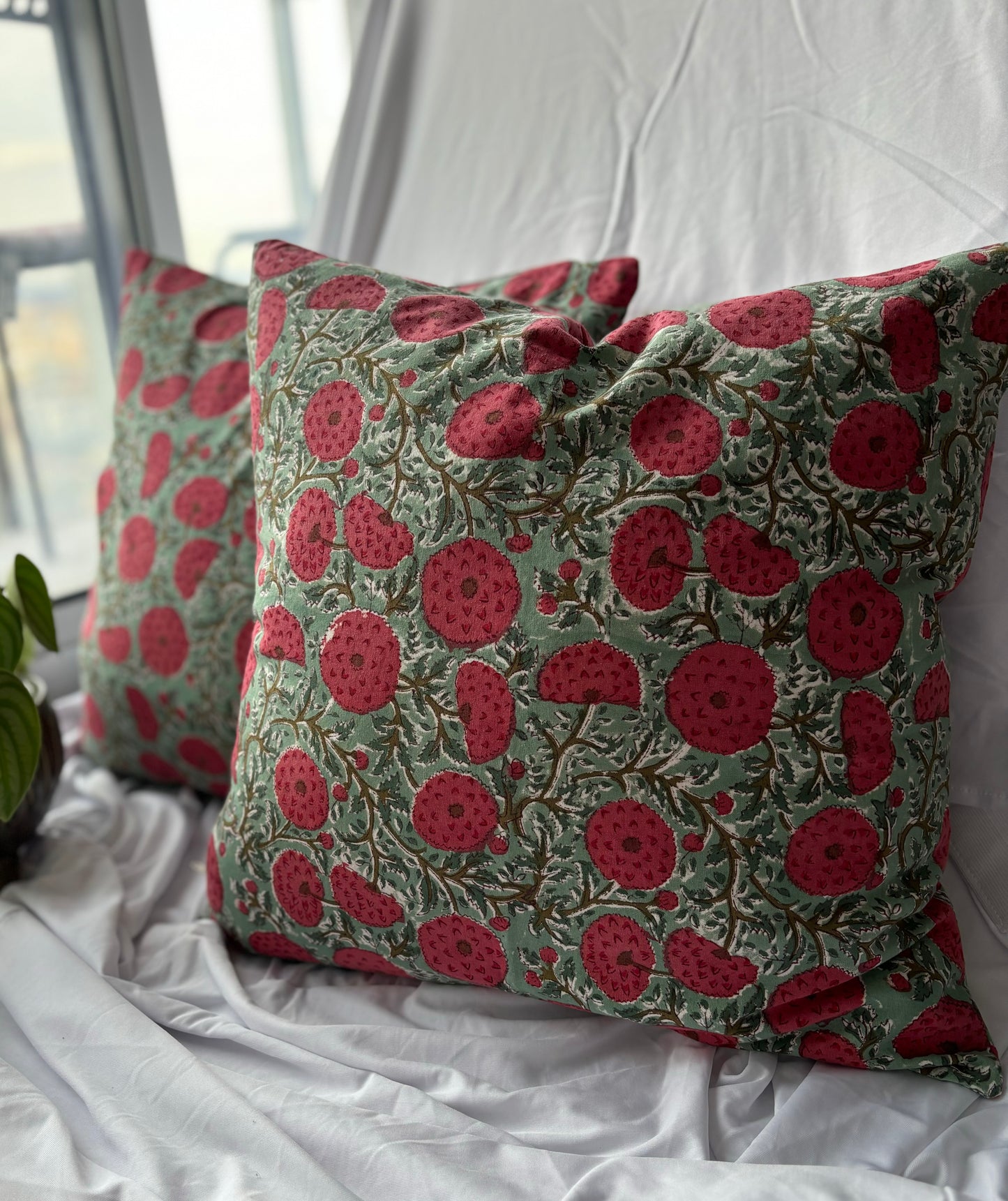 Green and Red Floral Block Printed Cushion Cover (Set of 2)