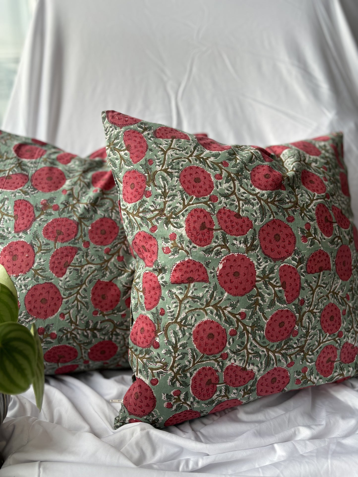 Green and Red Floral Block Printed Cushion Cover (Set of 2)