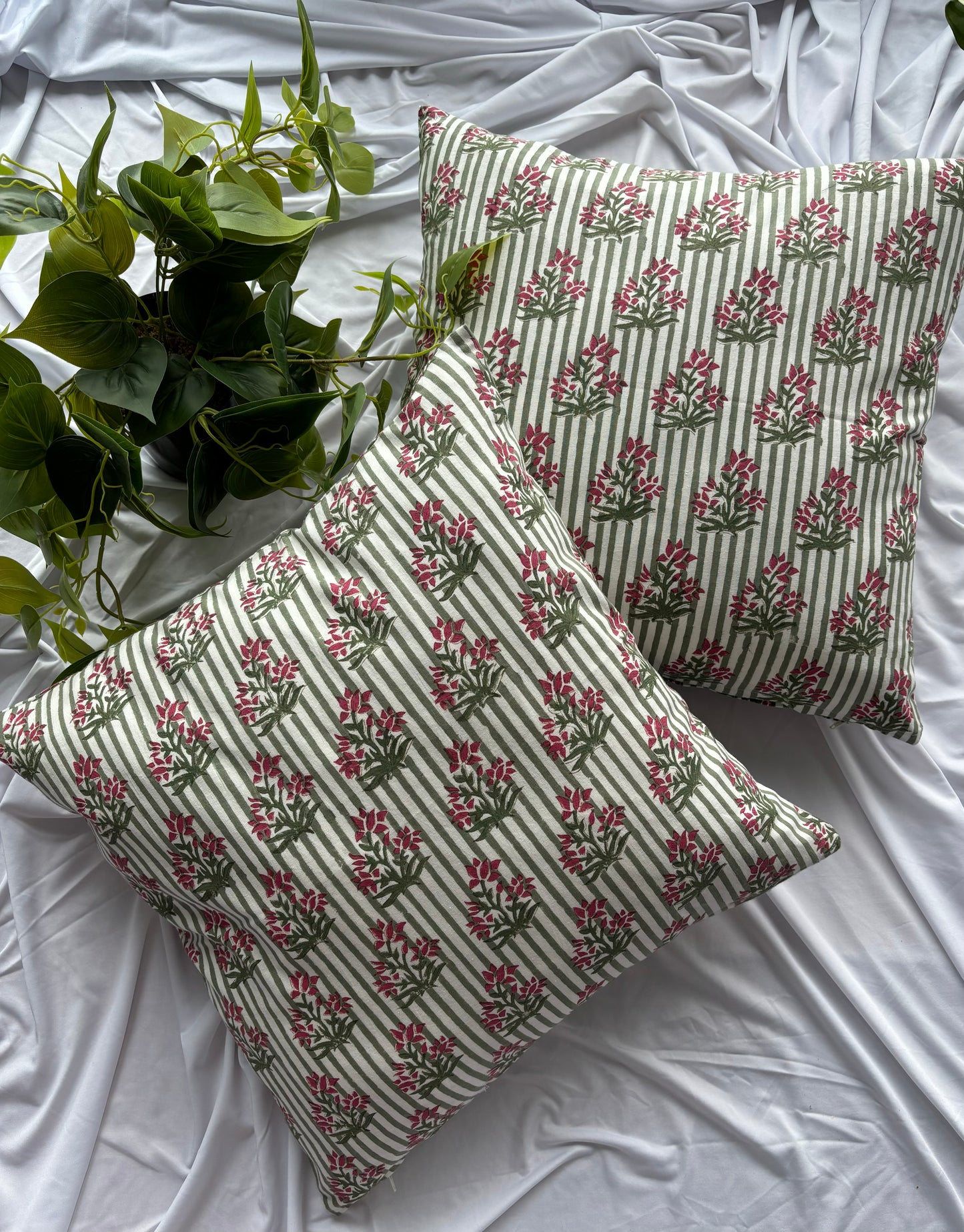 Striped Floral Block Printed Cushion Cover (Set of 2)