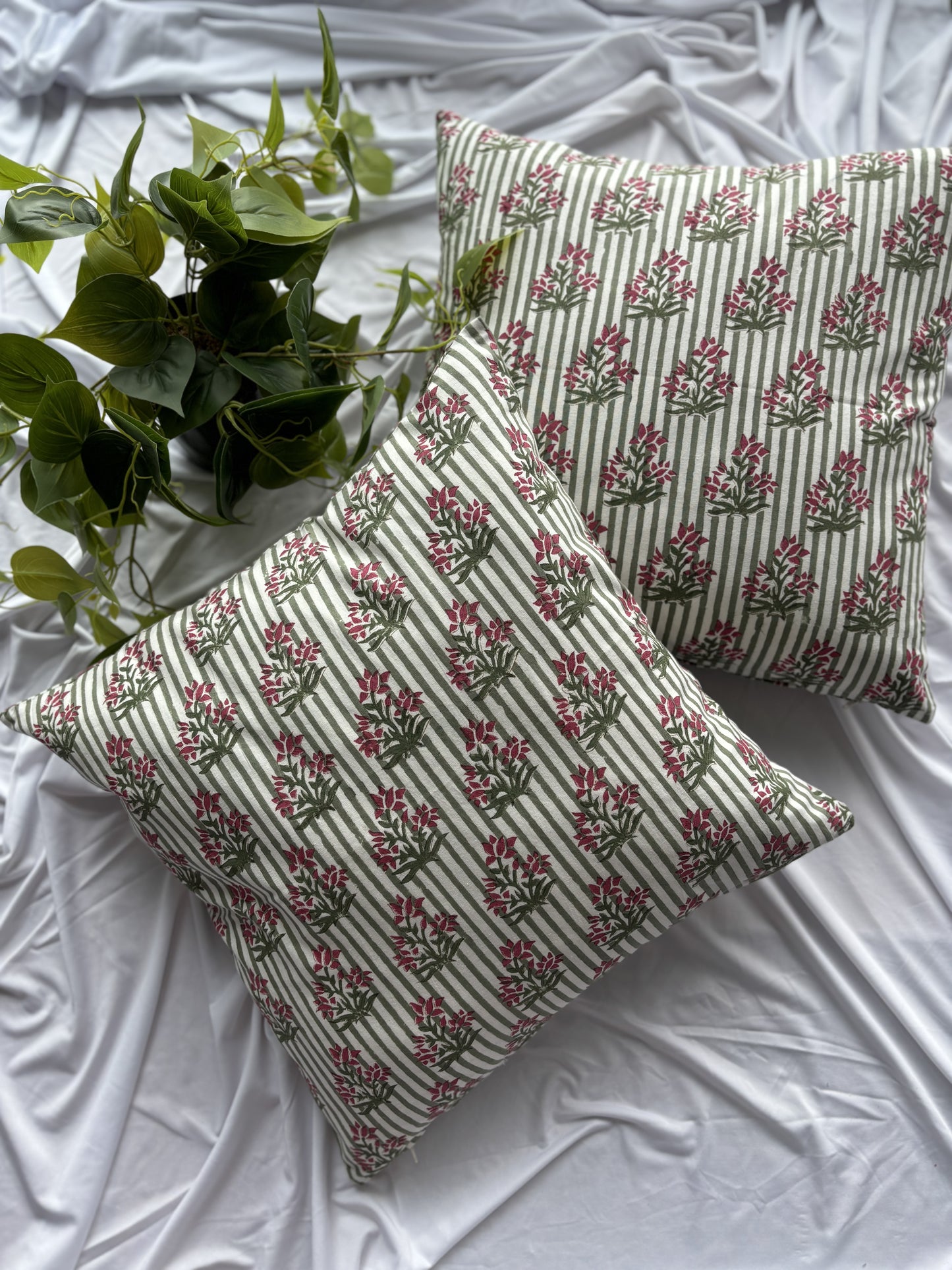 Striped Floral Block Printed Cushion Cover (Set of 2)