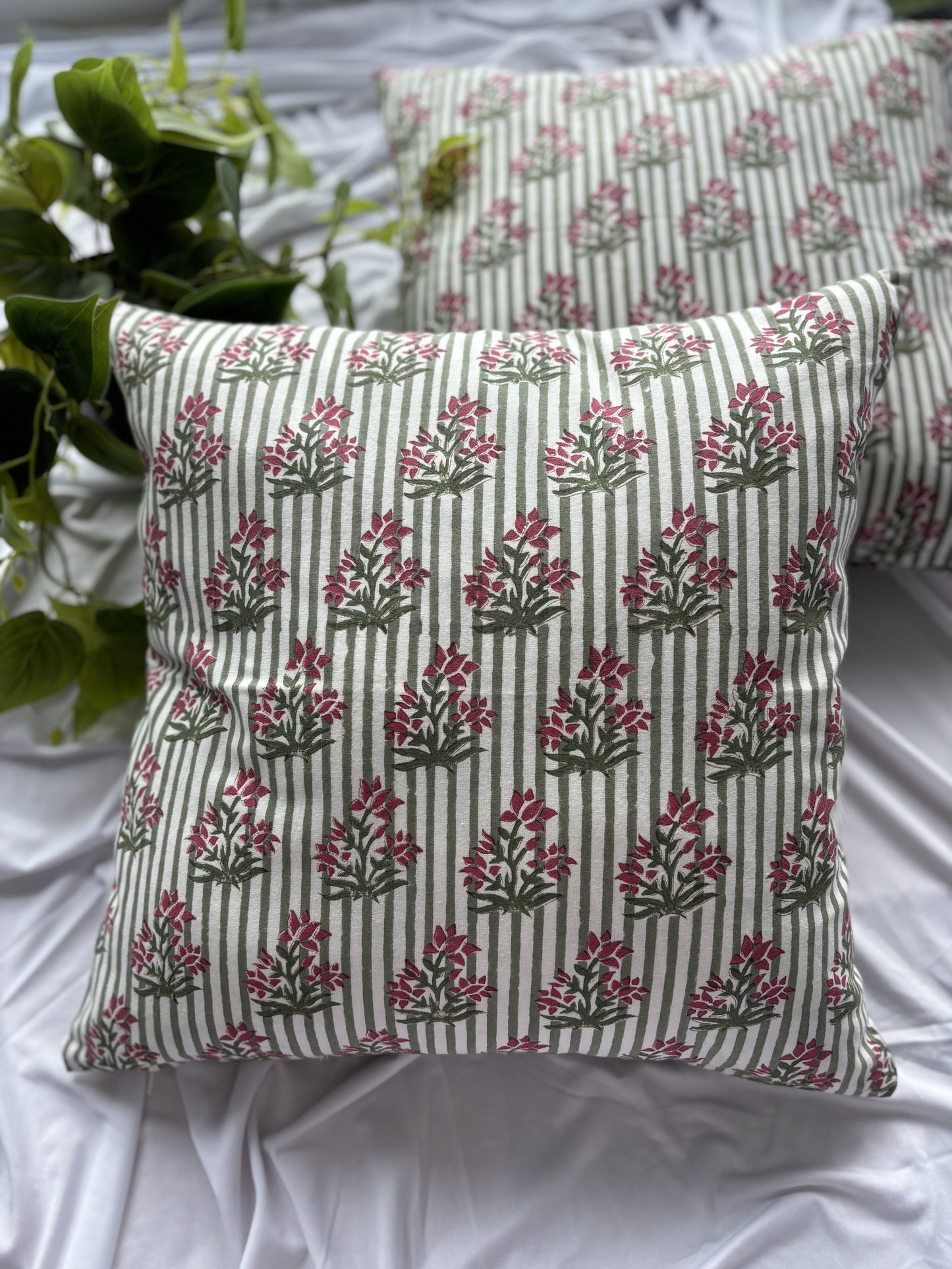 Striped Floral Block Printed Cushion Cover (Set of 2)