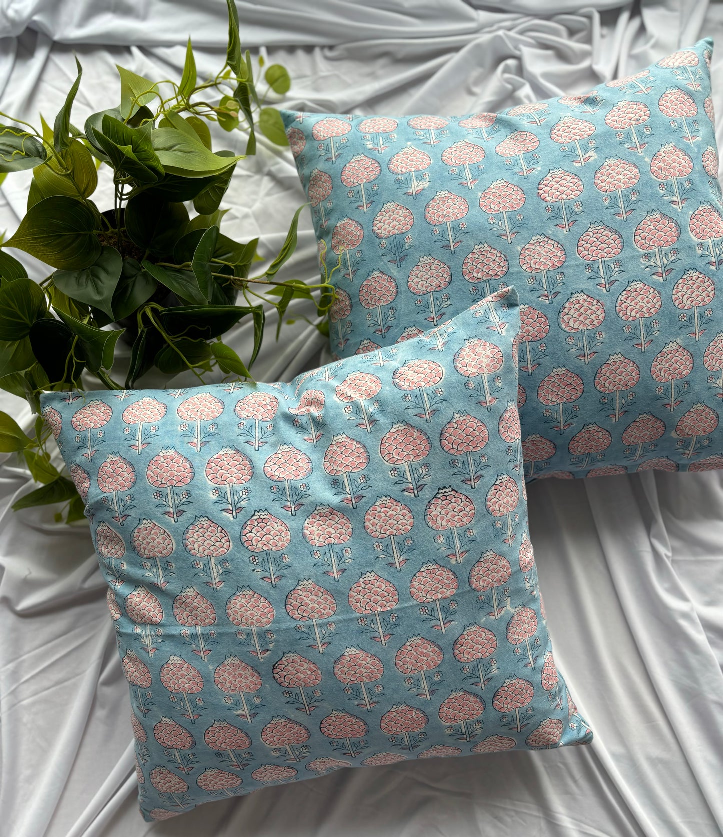 Light blue Floral Block Printed Cushion Cover (Set of 2)