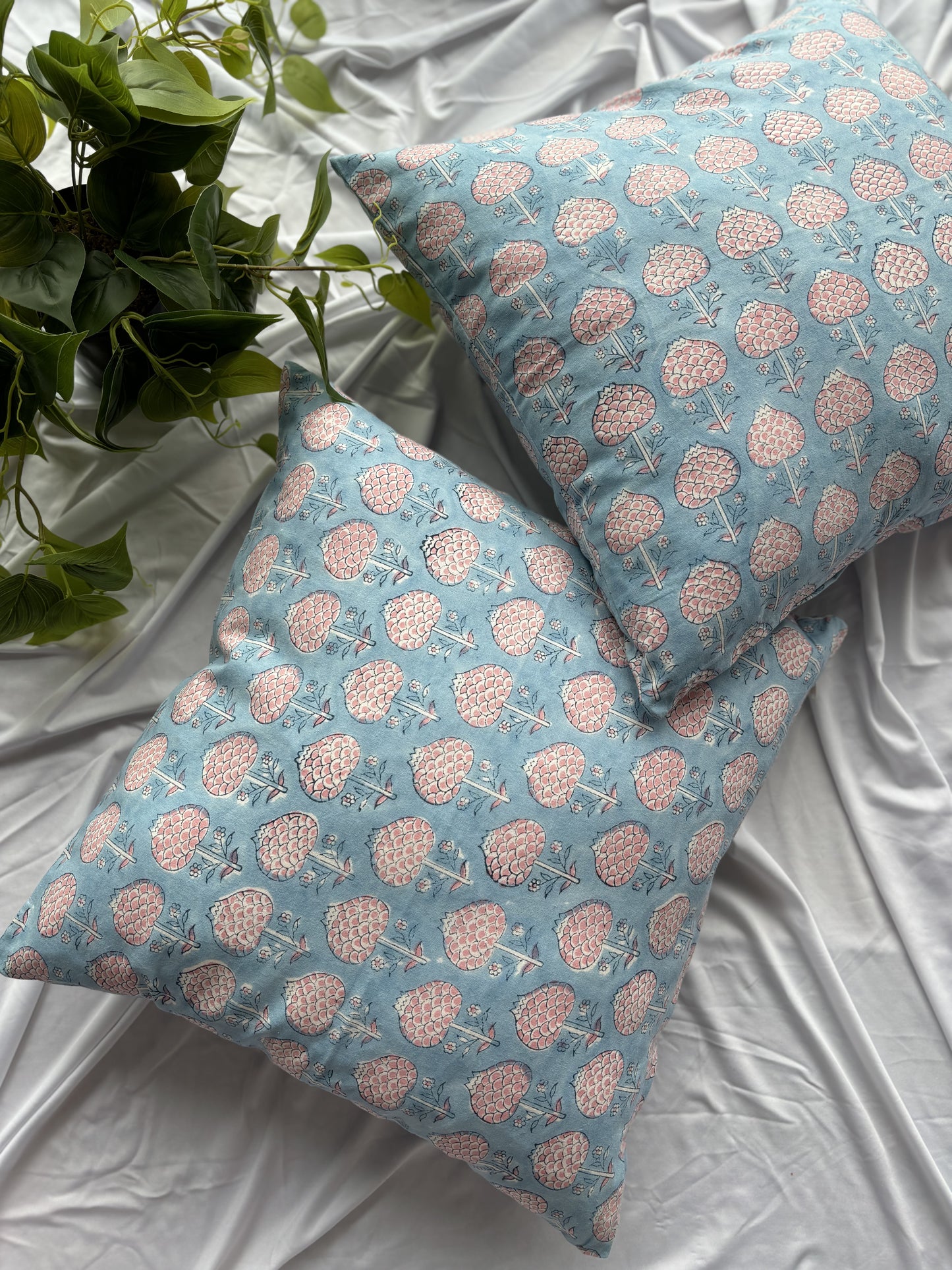 Light blue Floral Block Printed Cushion Cover (Set of 2)