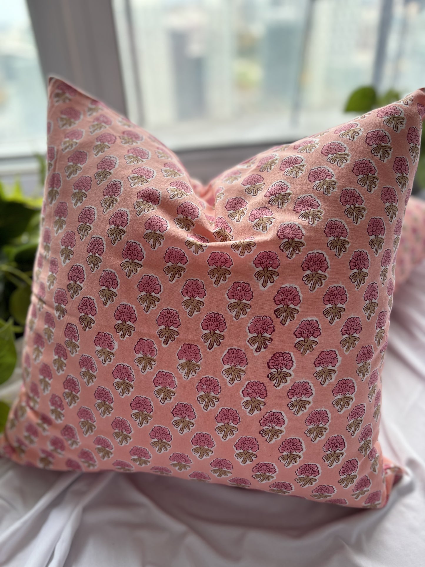 Peach Block Printed Cushion Cover