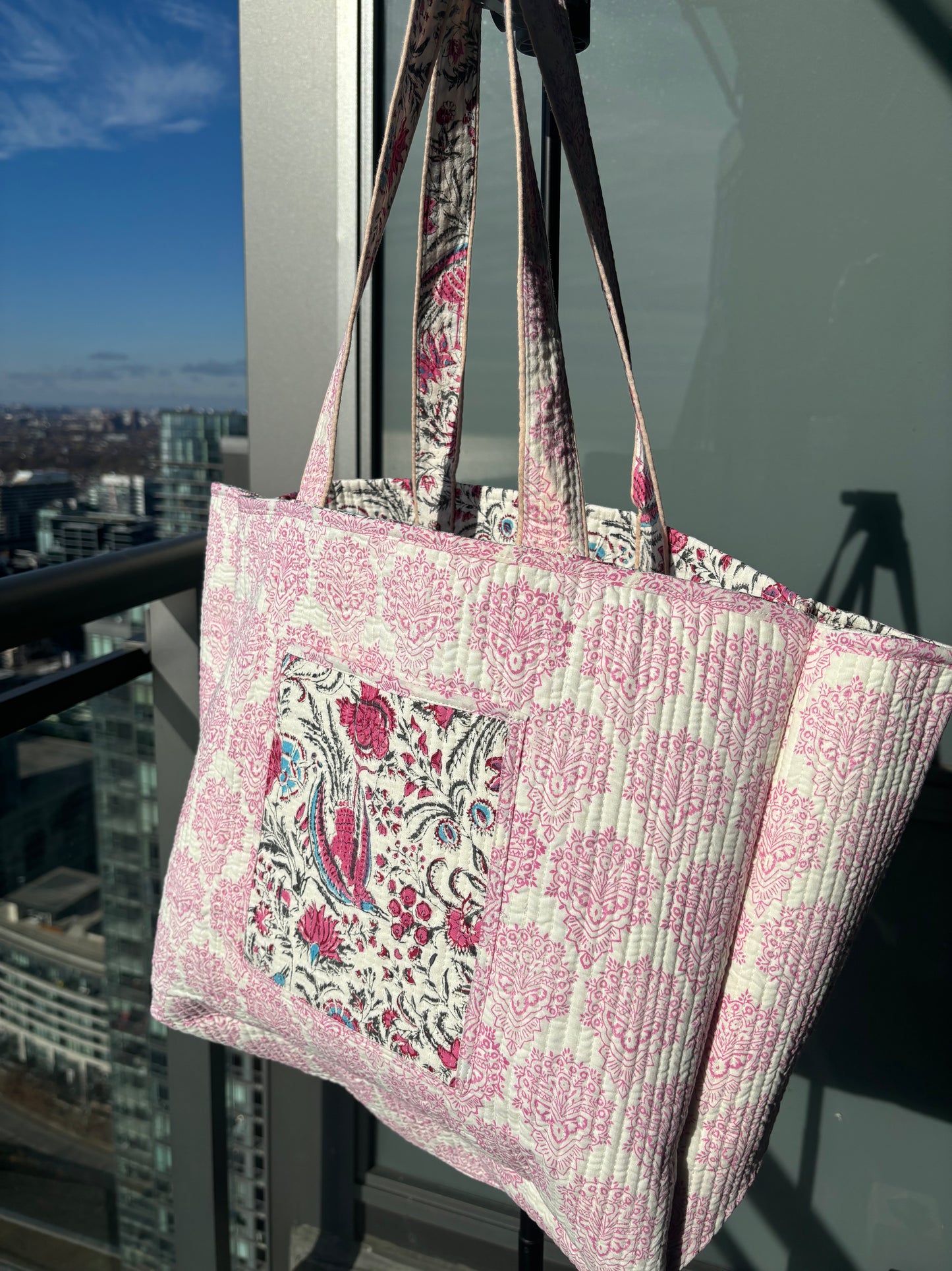 White & Pink Reversible Tote Bag