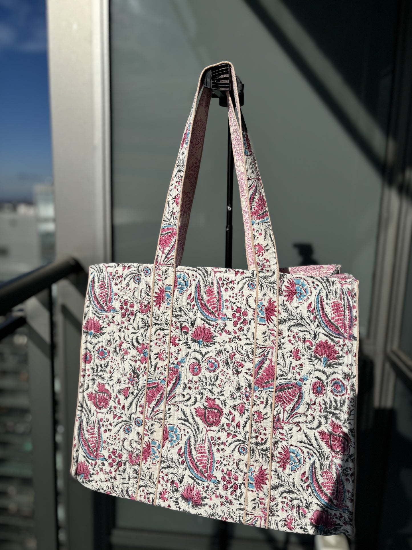 White & Pink Reversible Tote Bag