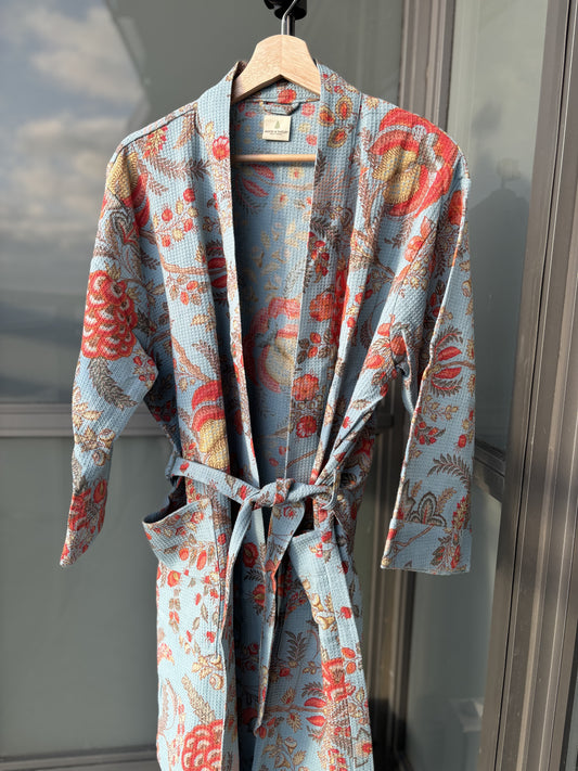 Powder Blue Waffled Cotton Block Printed Robe