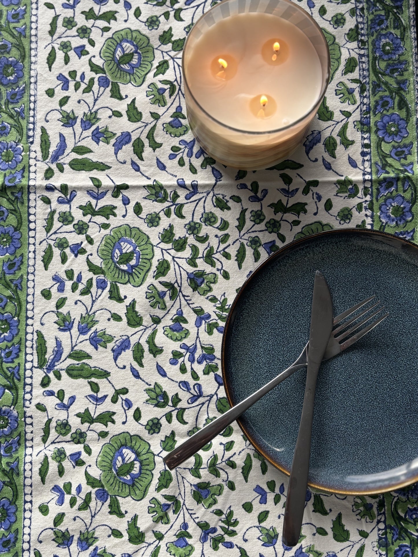 Hand Block Printed Cotton Table Runner Green Leaf