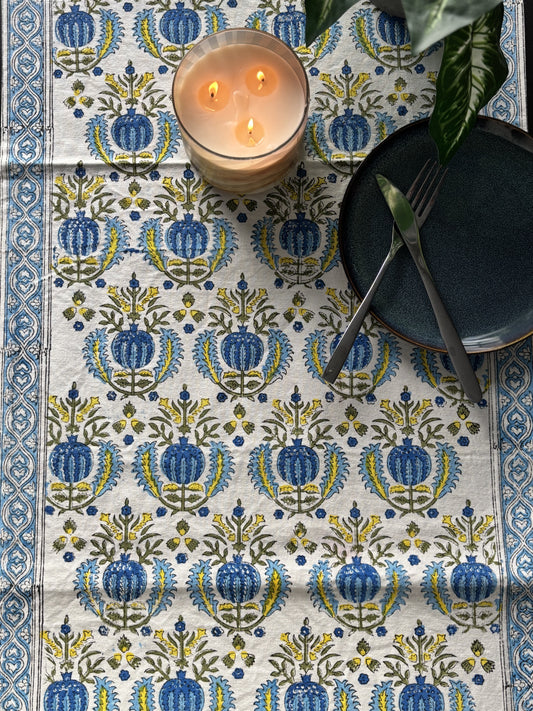 Hand Block Printed Cotton Table Runner Blue Pineapple