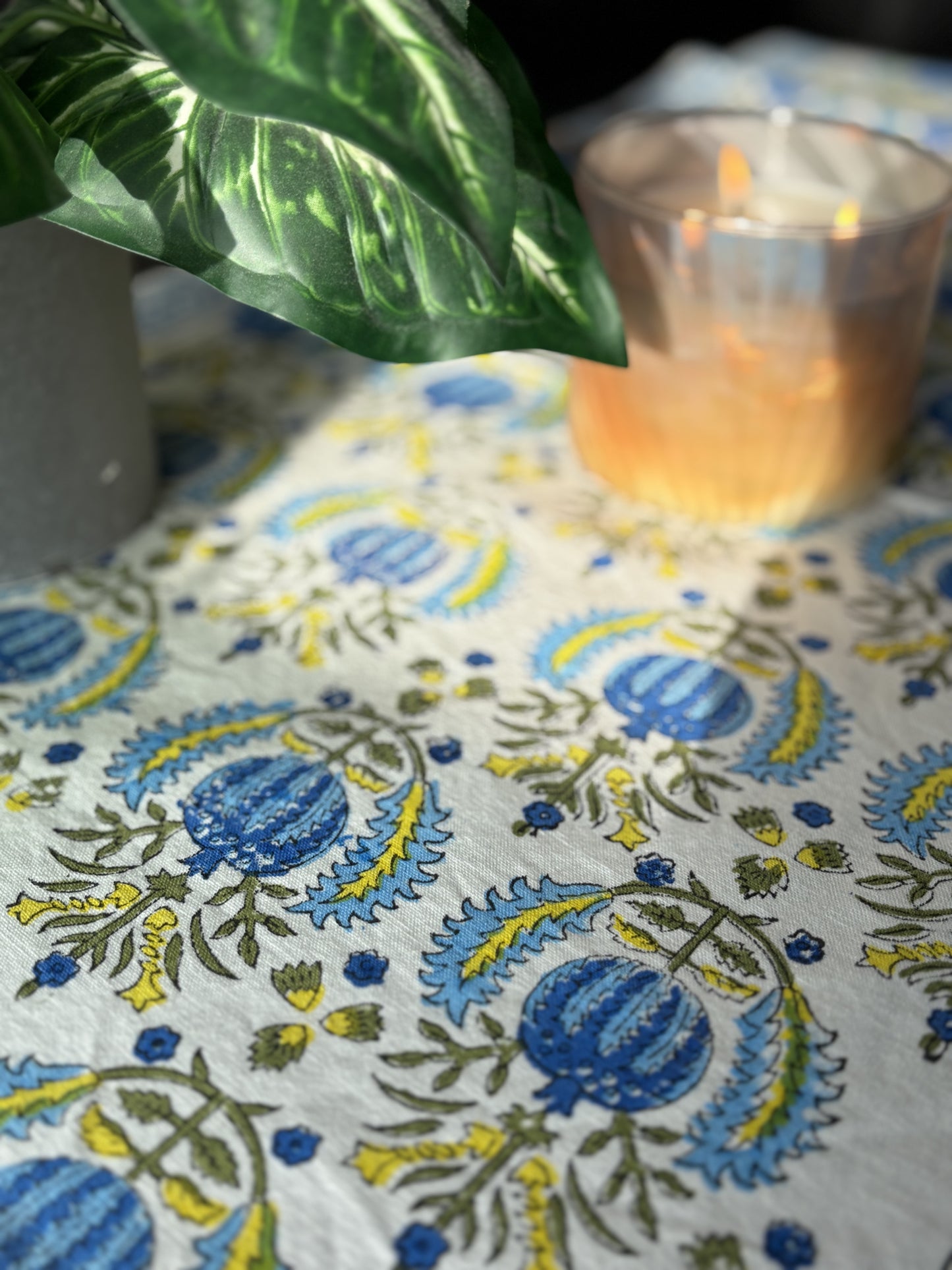 Hand Block Printed Cotton Table Runner Blue Pineapple