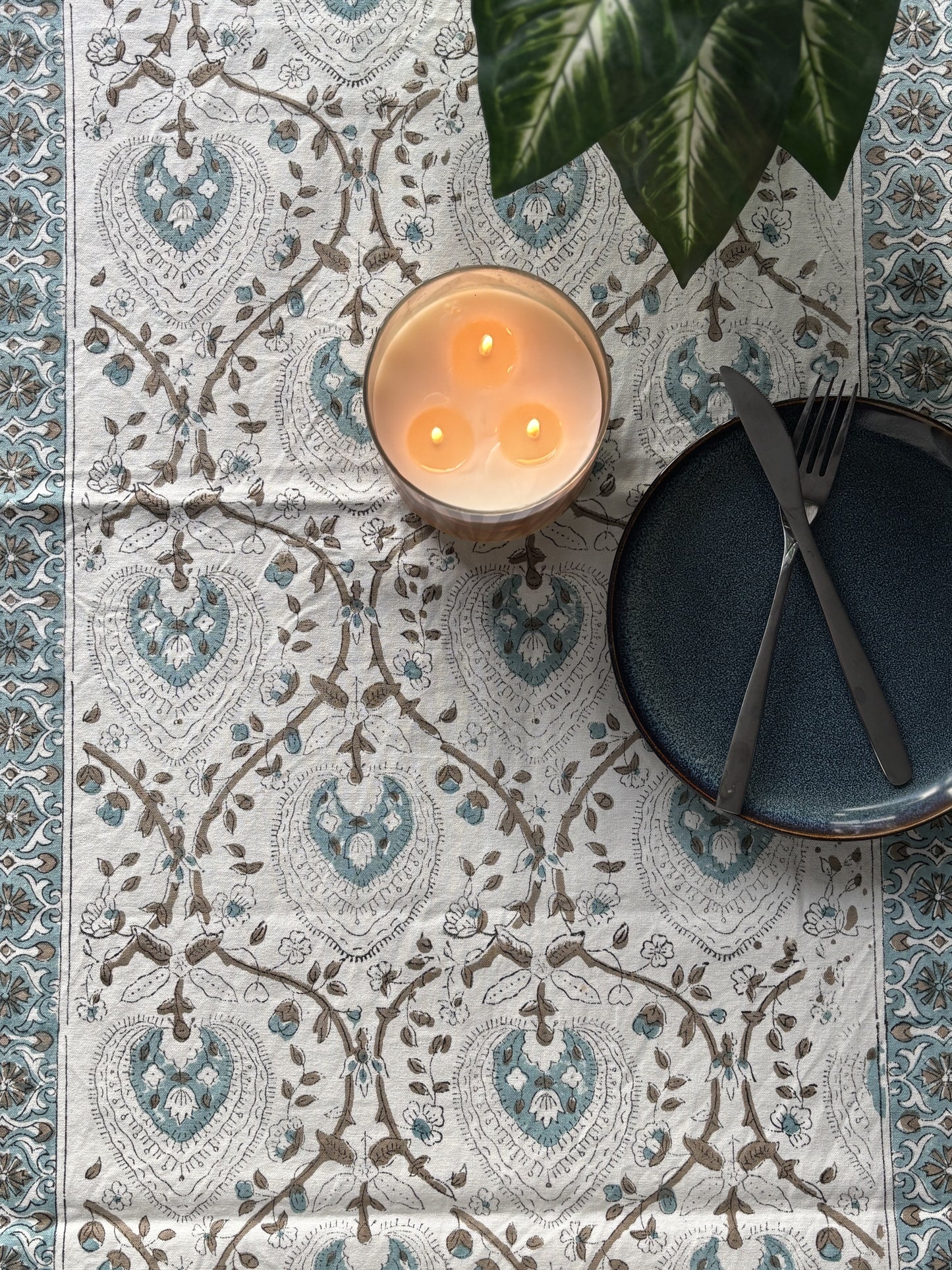 Hand Block Printed Cotton Table Runner Blue Jaal