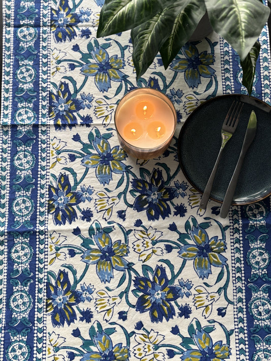 Hand Block Printed Cotton Table Runner Blue Floral