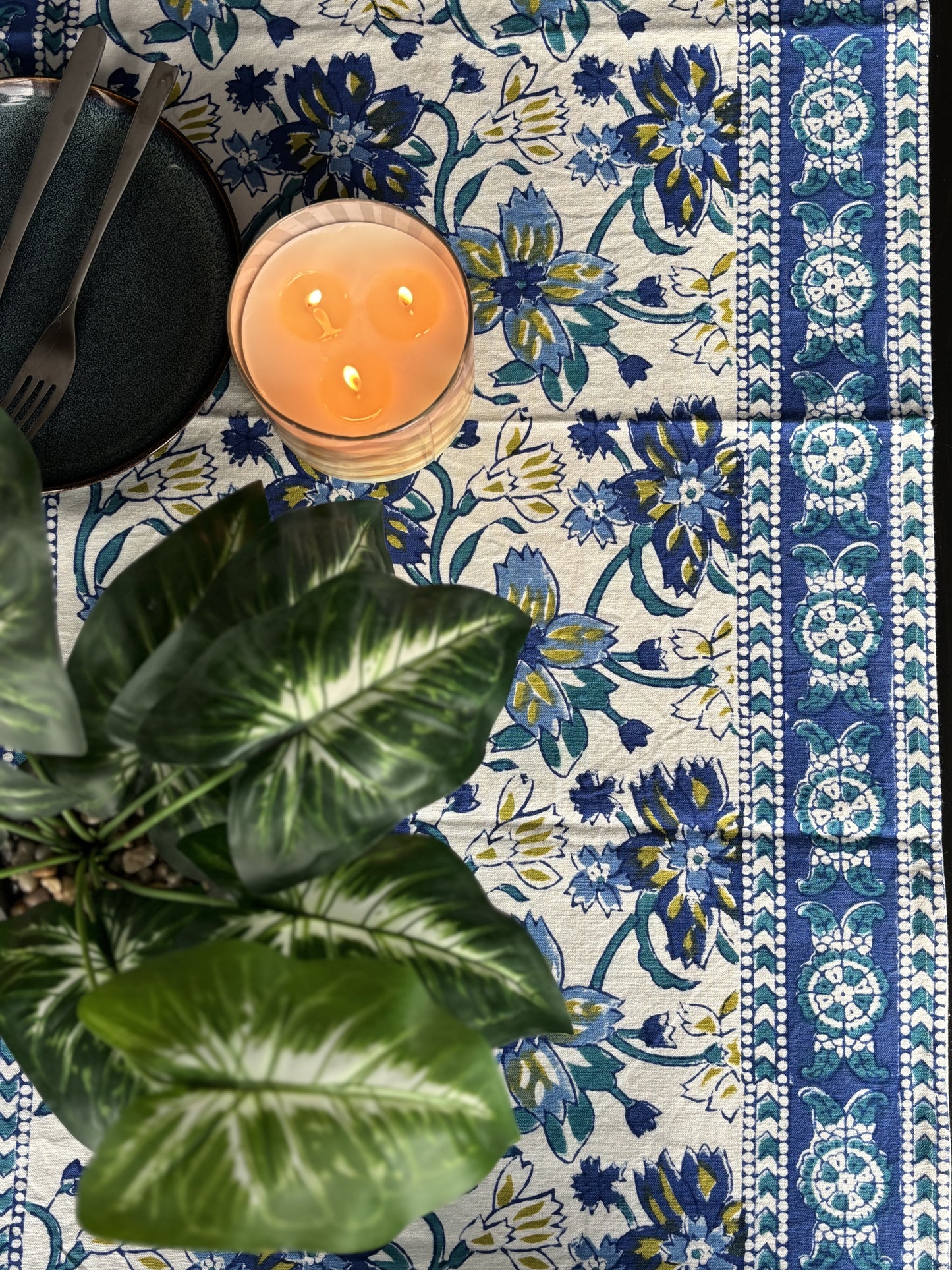 Hand Block Printed Cotton Table Runner Blue Floral