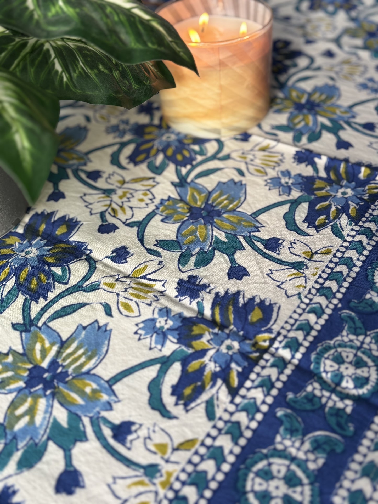 Hand Block Printed Cotton Table Runner Blue Floral