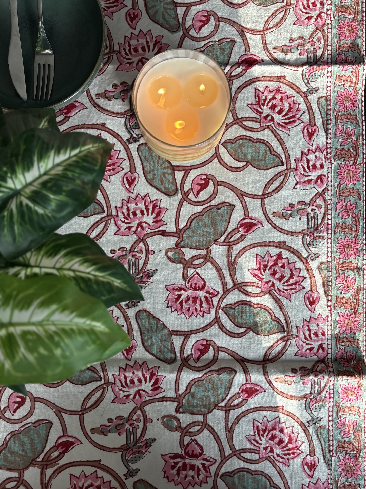 Hand Block Printed Cotton Table Runner Pink Lotus