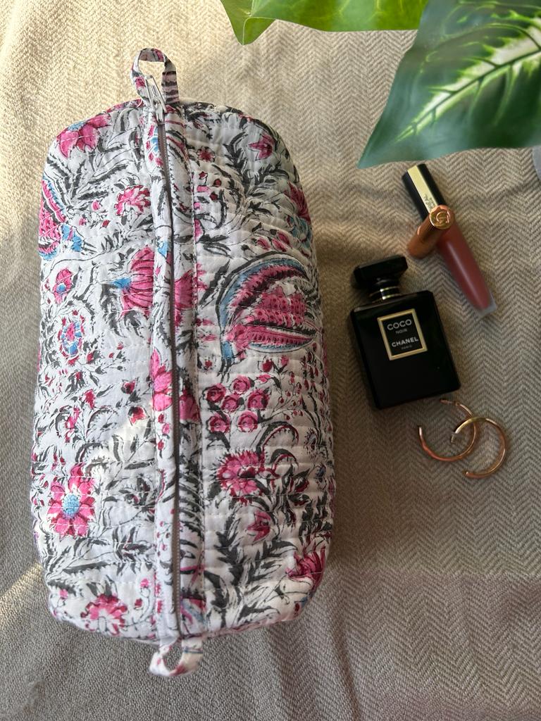 Quilted, handblock printed makeup/ toiletry pouch