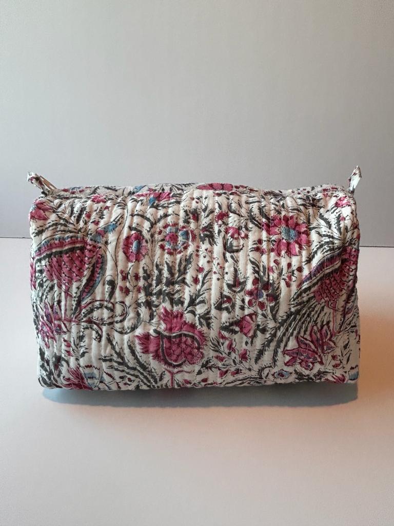 Quilted, handblock printed makeup/ toiletry pouch